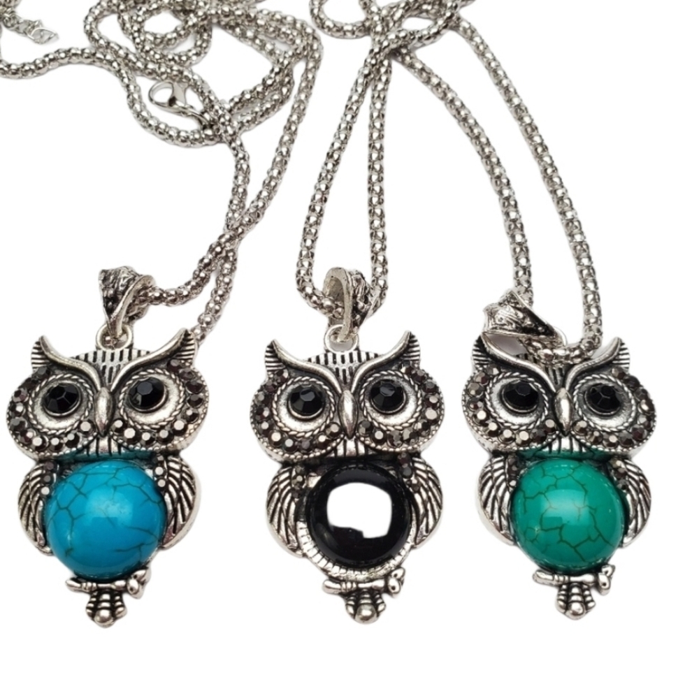 Fall Silver black Halloween  Owl Necklace 20" green black blue *